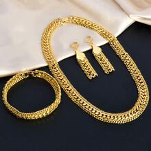 3pcs Luxury 18K Gold Plated Interwoven Necklace Bracelet Earrings Gold Fashion Jewelry Set Punk Hip Hop Style Versatile Chain Women Daily Party Wear - Vàng - Xem 2