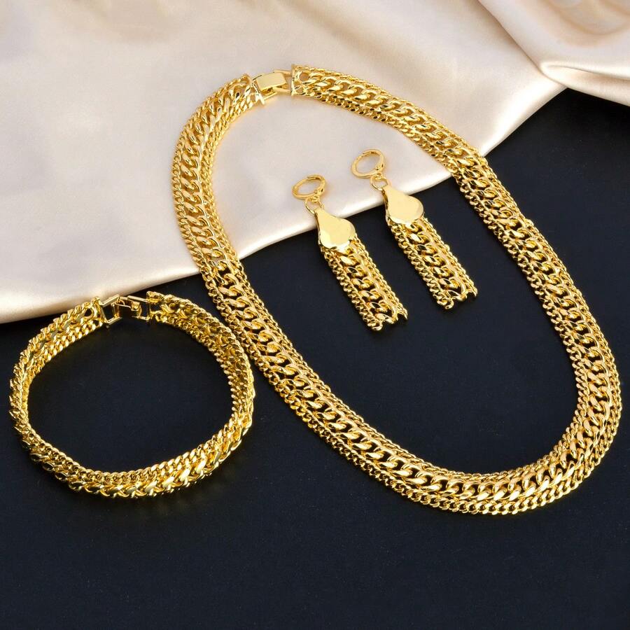 3pcs 18K Gold Plated Interwoven Necklace, Bracelet, Earrings Jewelry Set, Punk/Hip-Hop Style, Versatile For Daily Wear And Parties