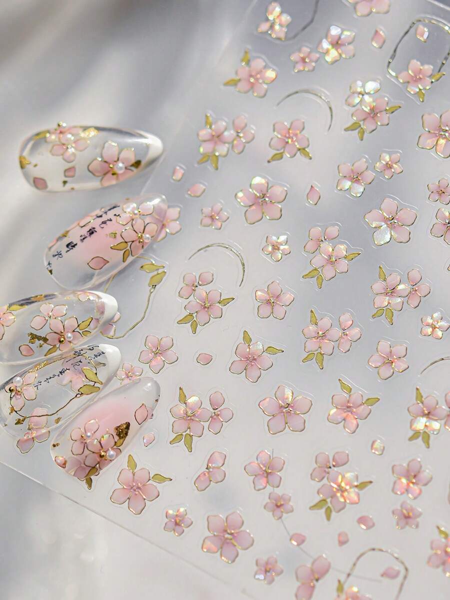 1pc Chinese Mother-Of-Faux Pearl Pink Floral Enchanting Blooming Petals Sparkling Flowers Press-On Nail Stickers 5D Nail Art Botanical Elegant Oriental Self Adhesive Nails For Women's Sophisticated DIY Manicure Decals Nail Supplies - Multicolor - View 1