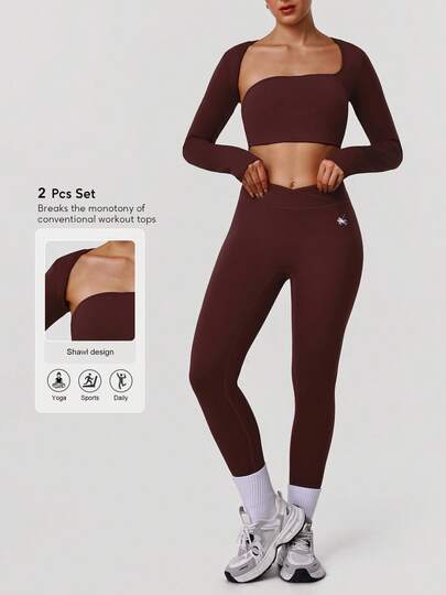 Sodalemon 女士训练健身两件套长袖拇指孔露背T恤交叉腰无前缝瑜伽紧身裤休闲户外健身运动套装