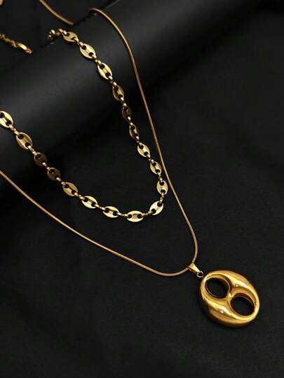 2pcs/Set Stainless Steel Oval Pig Nose & Coffee Bean Layered Necklace Set, Retro Boho Style Jewelry