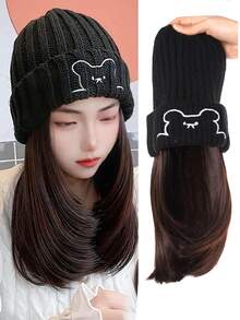 Synthetic 18inch Hat Wig All-In-One Fashion Autumn And Winter Bear Knit Hat Clavicle Hair Versatile Internet Celebrity Wig Cap - Multicolor - View 12