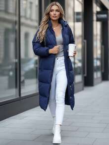 Women's Long Quilted Winter Coat With A Non-Removable Hood, Knee-Length, Elastic Cuffs With Functional Buttons, Durable Polyurethane Outer Layer, And Crisp Polyester Lining. - Navy Blue - View 2