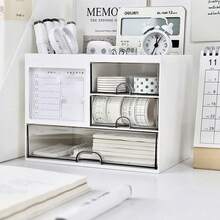 1pc Desk Organizer Box With Drawers, Student/Office Supplies, Cosmetics, Stationery Storage Rack - White - View 3