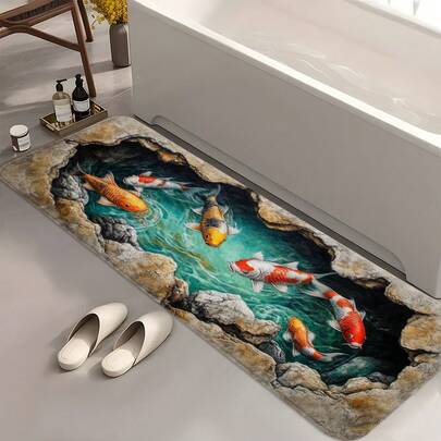 1pc Koi Fish Pattern, Long Carpet Series, 0.39in/1cm Sponge Thick Door Mat, Living Room Mat, Front Door Rotating Mat, Indoor Entrance Mat, Bedroom Bedside Mat, Kitchen Floor Mat, Hallway Rotating Mat, Suitable For Living Room, Laundry Room, Bathroom Mat, Soft Thick Bath Mat, Easy To Clean Machine Washable Mat