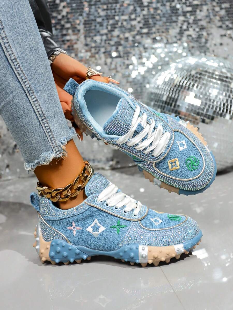 2026春季新款水钻装饰女士运动鞋，透气休闲厚底鞋，时尚百搭派对鞋 - 藍色 - 查看 1