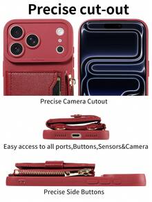 1 件装 PU 皮革钱包式手机壳，带卡槽、镜子和斜挎肩带，兼容 17 Pro Max/17 Pro/17/Air/16 Pro Max/16/15/14/13、Redmi - 酒紅色 - 查看 6