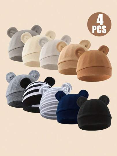 4pcs Baby Hats Set, Suitable For Spring And Autumn, Including Baby Hat, Newborn Hat, Boy's Hat, Made Of Soft Fabric, Adorable Ear Design, Suitable For All Seasons, Fit For 0-6 Months Old Babies Daily Wear