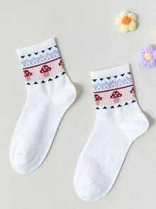 1/5 Pairs Women's Crew Socks, Fair Isle Mushroom Pattern In Black & White, Fashionable, Minimalist, Versatile, Soft & Comfortable, Moisture-Wicking, Suitable For Parties, Gatherings, Valentine's Day - Multicolor - View 4
