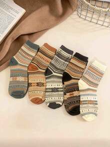 5 Paar Vintage-Stil warme Diamantmuster vielseitige Socken, zufällige Auswahl, Freizeitbekleidung oder Geschenk für Männer und Frauen, Herbst/Winter - Verschiedenfarbig - Übersicht 4