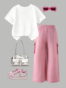 Girls' Casual Set - Heart Print Round Neck Short Sleeve T-Shirt And Cargo Pants - Pink - View 2