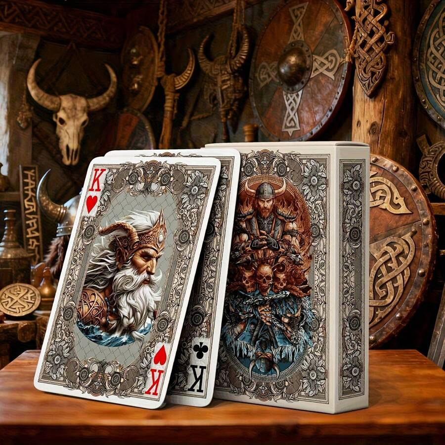 Viking Legend Themed Playing Cards, Standard Poker Deck, Premium Collector's Edition, 6-Layer Die-Casting Craftsmanship, Double-Sided Hot Stamping Anti-Slip Texture, Excellent Tactile Feel, Suitable For Christmas Gifts, Collection And Party Entertainment