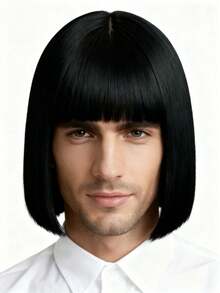 Perucă Bobo neagră pentru bărbați cu breton, aspect natural și confortabil, stil natural rezistent la căldură, densitate mare, potrivită pentru purtare zilnică, petreceri, jocuri de rol, Halloween, Crăciun, cosplay, festivaluri de muzică