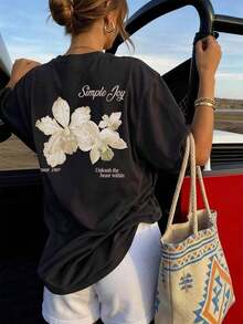 Women's Colorful Letter & Floral Print Round Neck T-Shirt, Fashionable & Versatile, Graphic Tee, Women's Vacation Style Casual Black Summer - 黑色 - 查看 8
