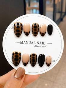 JUTI 10pcs Luxury Handmade Short Almond Shape Press-On Nails, Nude Black Tortoise Shell Pattern Fake Nails, Vintage Autumn Winter Holiday Nail Art, Versatile Daily Celebration Set, Includes Nail File And Jelly Glue - Multicolor - View 12