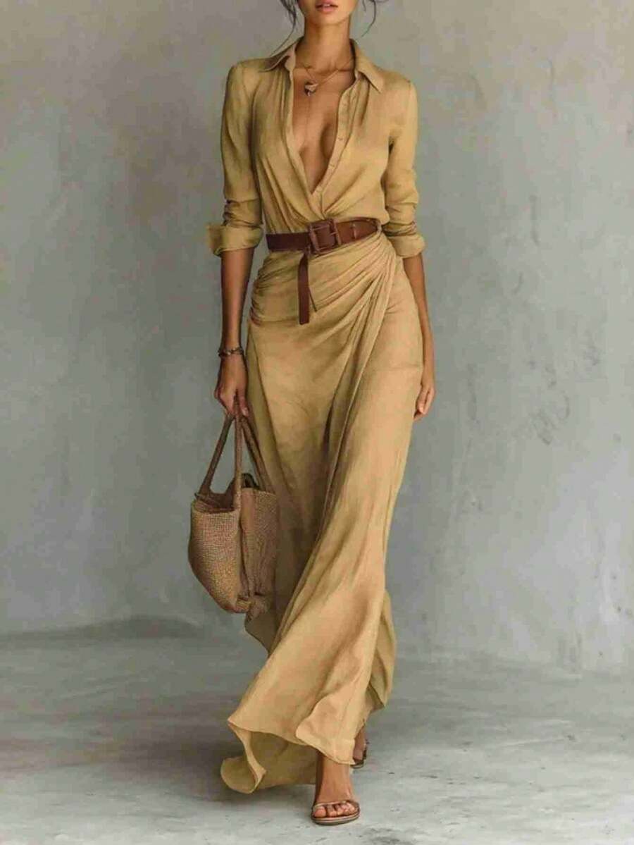 Plus-Size Dress - 2025 Women's Autumn Elegant And Sexy Pure Color Irregular Pleated Dress With Belt - 卡其色 - 查看 1