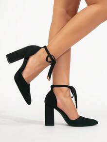 女士新款优雅百搭绒面革系带粗跟尖头高跟鞋 - 黑色 - 查看 6