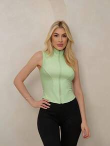 Slim Fit Fitness Sleeveless High Neck Quick-Drying Sports Jacket/Vest For Workouts And Running - 青檸色 - 查看 2