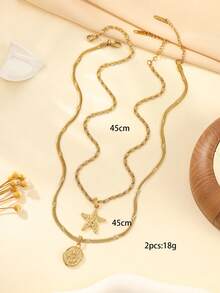 2pcs Stainless Steel Gold Necklace Set, Fashionable & Minimalist, Starfish & Rose Shaped, Suitable For Daily Wear Or As Gift - Yellow Gold - View 3