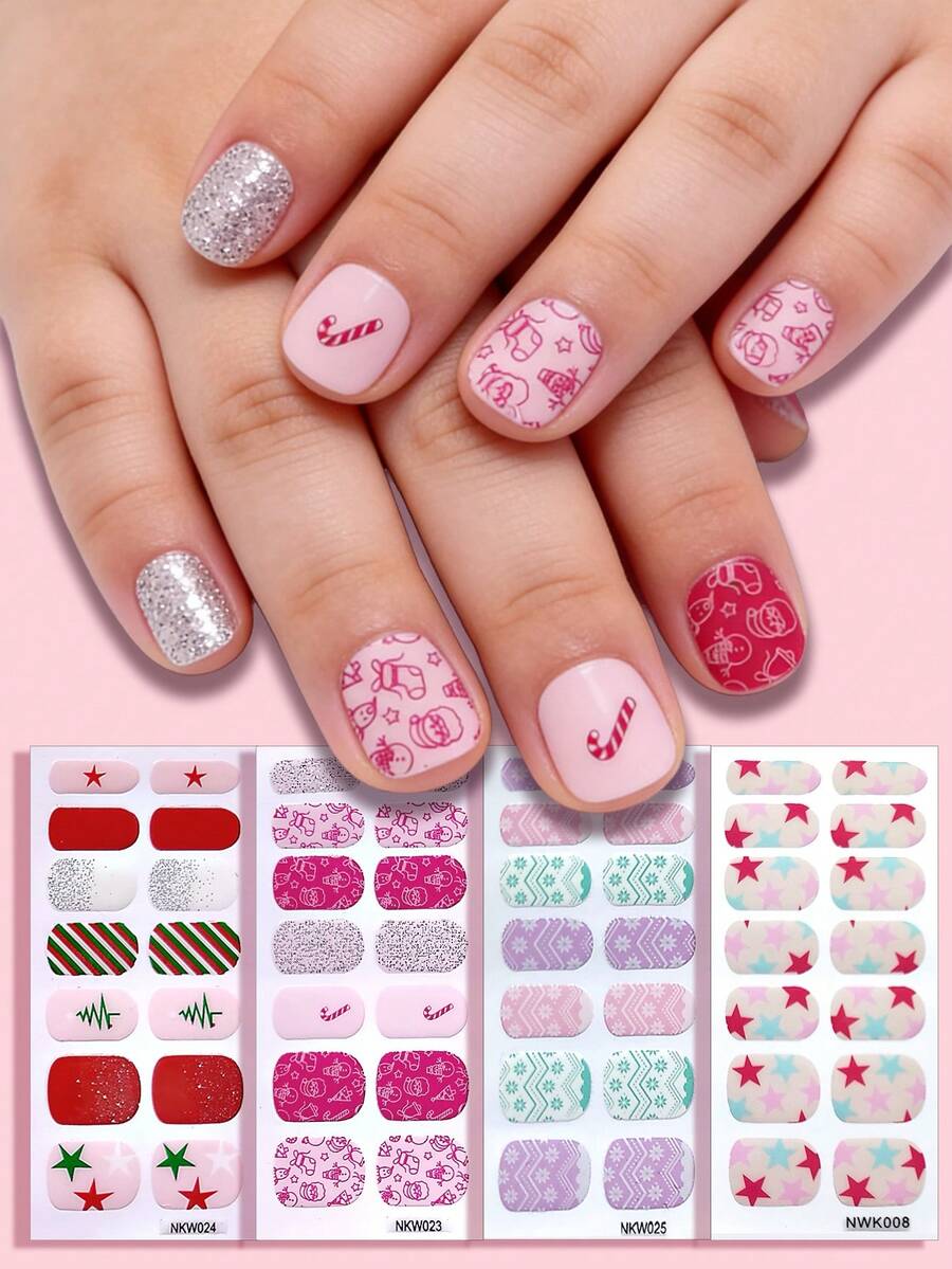 56pcs Summer Nail Stickers Set, Cute Cartoon Self-Adhesive Full Cover Nail Stickers - Floral, Star, Plaid, Cloud, Starfish, Shell, Dolphin, Whale, Beach Wave Nail Art Decals, DIY Home Manicure Gift, Suitable For Short Nails, Girls Nail Salon - Multicolor - View 1