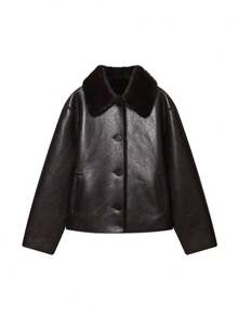 DEEKA 秋冬新款女士时尚夹克，双面仿皮极简欧美风外套 - 棕色 - 查看 1