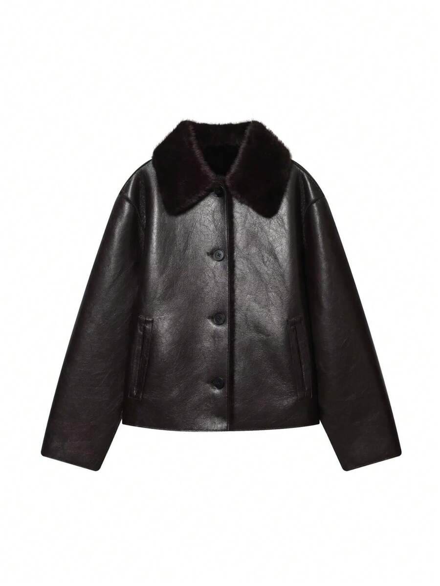 DEEKA 秋冬新款女士时尚夹克，双面仿皮极简欧美风外套 - 棕色 - 查看 1