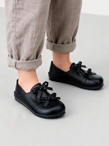 2025圣诞新年礼物,3-12岁女童鞋,双层3D蝴蝶结设计,PU皮革防滑耐磨,低帮圆头平底鞋,优雅甜美公主风皮鞋,适合日常上学和派对活动,畅销款 - 黑色 - 查看 3