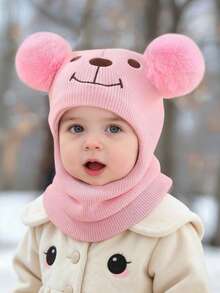 1 szt. Zestaw czapki i szalika dla dzieci w wieku 1-6 lat, uroczy, podwójny, dzianinowy, kominiarka z haftowanym misiem, miękka i wygodna czapka z kapturem, odpowiednia na jesienno-zimowe upały na świeżym powietrzu