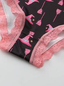 Dircho 5件套甜美少女风女士内衣套装 - 可爱趣味印花系列：蜘蛛网骷髅头、巫师帽、扫帚、黑桃爱心、可爱瓢虫和夏日梦境，粉色蕾丝边，亲肤舒适，甜美少女风贴身内衣套装 - 彩色 - 查看 8