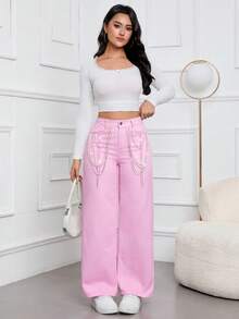 Women's Fashionable Street-Style Solid Color Casual Elegant Denim Pocket Metal Chain Pearl Waistband Wide Leg Pants, Non-Stretch, Pink, Suitable For Holidays, Daily Wear, Spring/Summer/Autumn/Winter - Pink - View 5