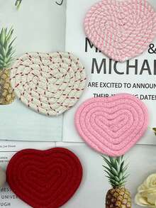 4pcs Heart Shaped Coasters, Handmade Woven Heart Coasters, Pink Coasters, Cute Heat Insulation Placemats, Suitable For New Year And Valentine's Day, Table Mats, Home Decor, Non-Slip Absorbent Drink Coasters, Applicable For Home, Restaurant, Cafe, Tea Party Decoration, Valentine's Day Gift - Multicolor - View 11