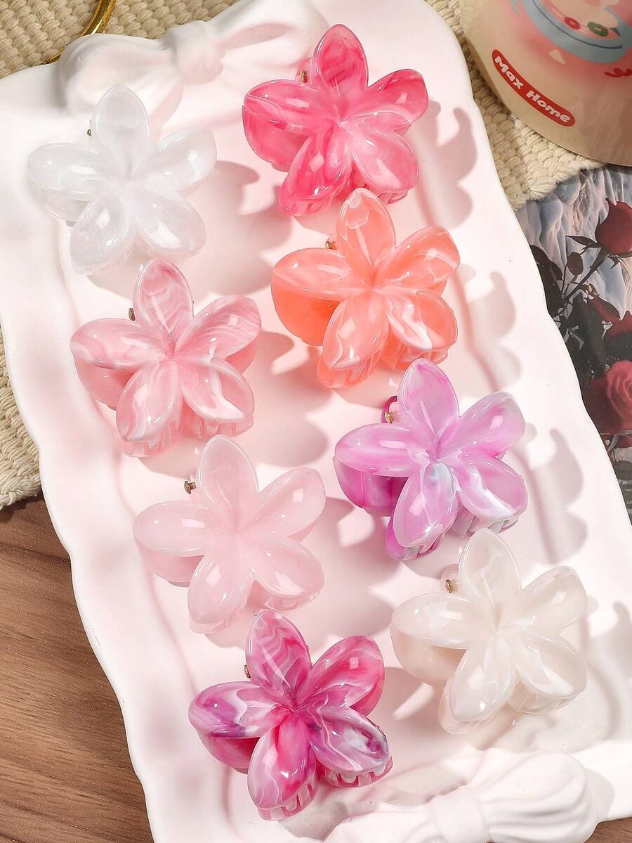 8件套迷你优雅波西米亚风ABS双色雏菊小发夹,浪漫仙境森林甜美刘海夹,沙滩度假风女士发爪,冬季发饰,休闲发夹,优雅爪夹,夏季 - 8件套裝-玫粉色 - 查看 1