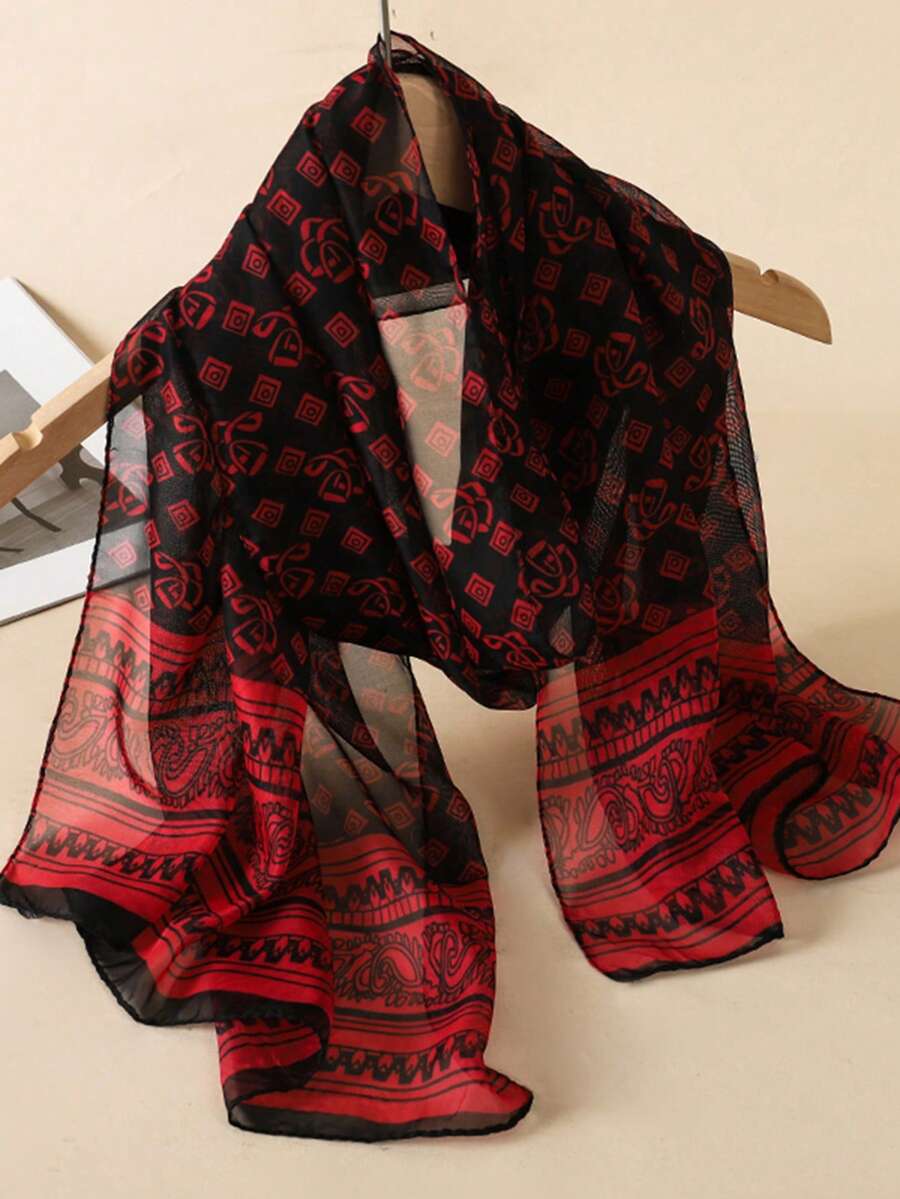 1条女士复古印花轻薄围巾，透气防晒，适合日常佩戴 - 酒紅色 - 查看 1