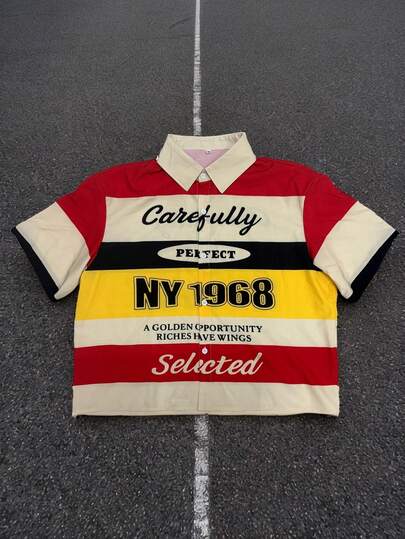 NY 1968 Vintage Racing Striped Shirt Retro Style Casual Top