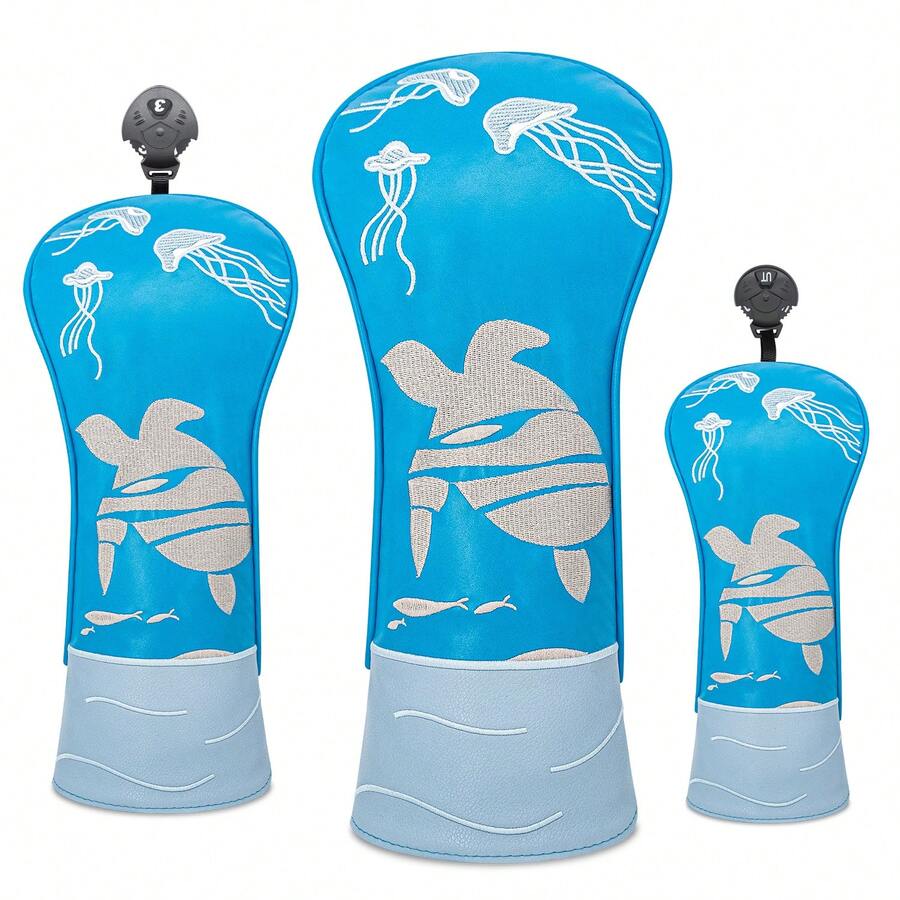 Blue Sea Turtle Design Style Golf Club Covers For Outdoor Enthusiasts, Including Driver, Fairway, And Hybrid Head Covers, Golf Club Head Cover, Golf Club Head Protection, This Is A Worthy Golf Club Protection Cover To Own. - Blue - View 1
