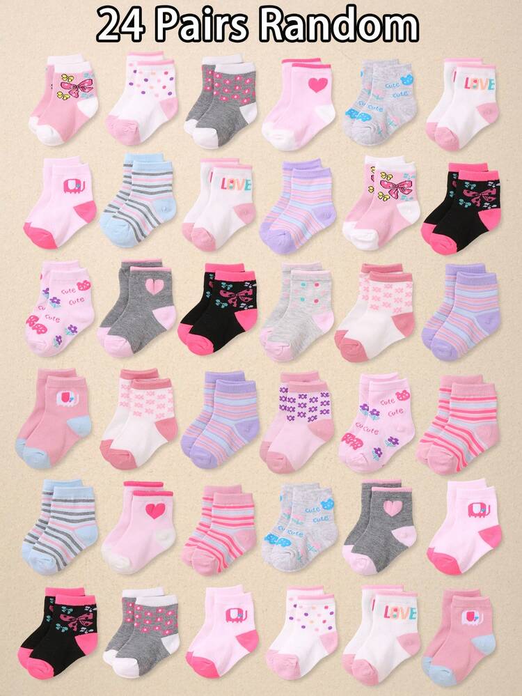 24/12/6 pares de calcetines de tobillo suaves para bebé, con diseños de conejo, flor, corazón, rayas y puntos, calcetines de princesa para niñas pequeñas, diseño jacquard multicolor, súper elásticos y cómodos para uso diario, de 0 a 36 meses, adecuados para ocasiones de primavera/verano, calcetines de cuarto, calcetines de bebé, calcetines de niña, calcetines de niño pequeño, calcetines jacquard, calcetines estampados, regalo de cumpleaños, regalo para niñas, serie de regalos de vuelta al colegio - Multicolor - Añade 14