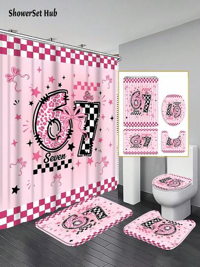 1/3/4pcs Pink Checker Leopard 67 Number Shower Curtain Bathroom Sets, Cute Bow Bathroom Decor" Waterproof And Wear-Resistant Accessories,With 12 Hooks - Includes Toilet Seat Cover, Bath Mats, And Rugs - Plastic Fabric - Washable,Mildew-Resistant - Perfect For Holiday Decor,Home/Bedroom/House/Western/Spring Decor,