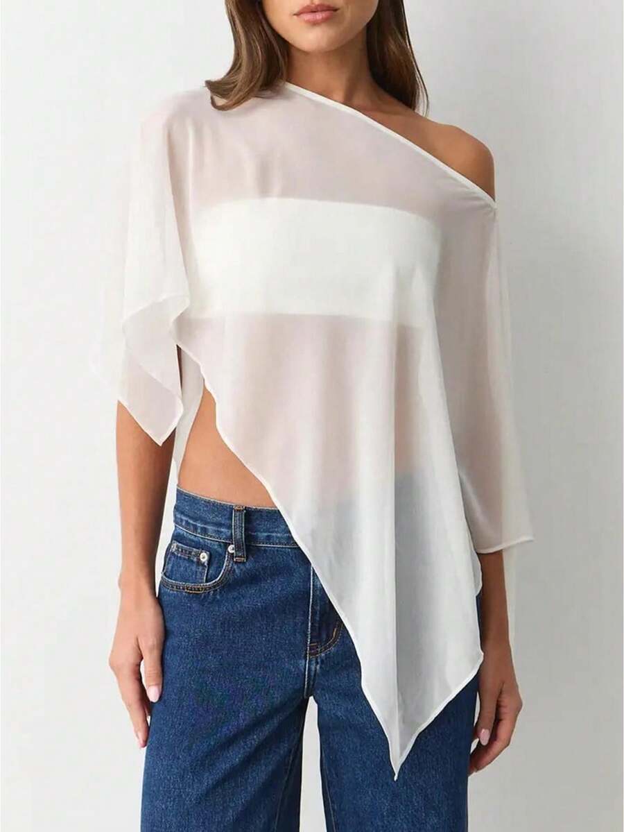 Women Sheer Knit Poncho Y2k See Through Shrug Mesh Cover Up Lightweight Asymmetrical Beach Shawl Cape Top - 白色 - 查看 1