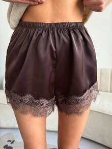 Women Lace Trim Satin Silk Shorts Y2K Patchwork Silky Mini Shorts Elastic Waist Pajama Slip Bottoms Boxer Coquette Micro Mini Shorts Going Out Shorts - nâu sẫm - Xem 5
