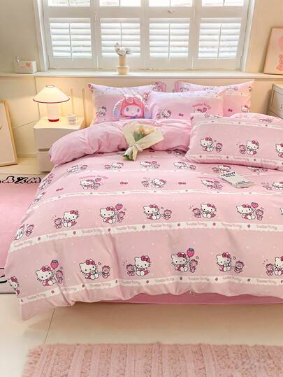 SANRIO 3 piezas Juego de ropa de cama con estampado lindo - (1 pieza Funda de edredón + 2 piezas Fundas de almohada, sin relleno), Tamaño completo de dibujos animados, Suave y cómodo, Adecuado para dormitorio, hogar, hotel, todas las estaciones, con cierre de cremallera y fundas de almohada, Múltiples colores disponibles, Juego de ropa de cama extra grande