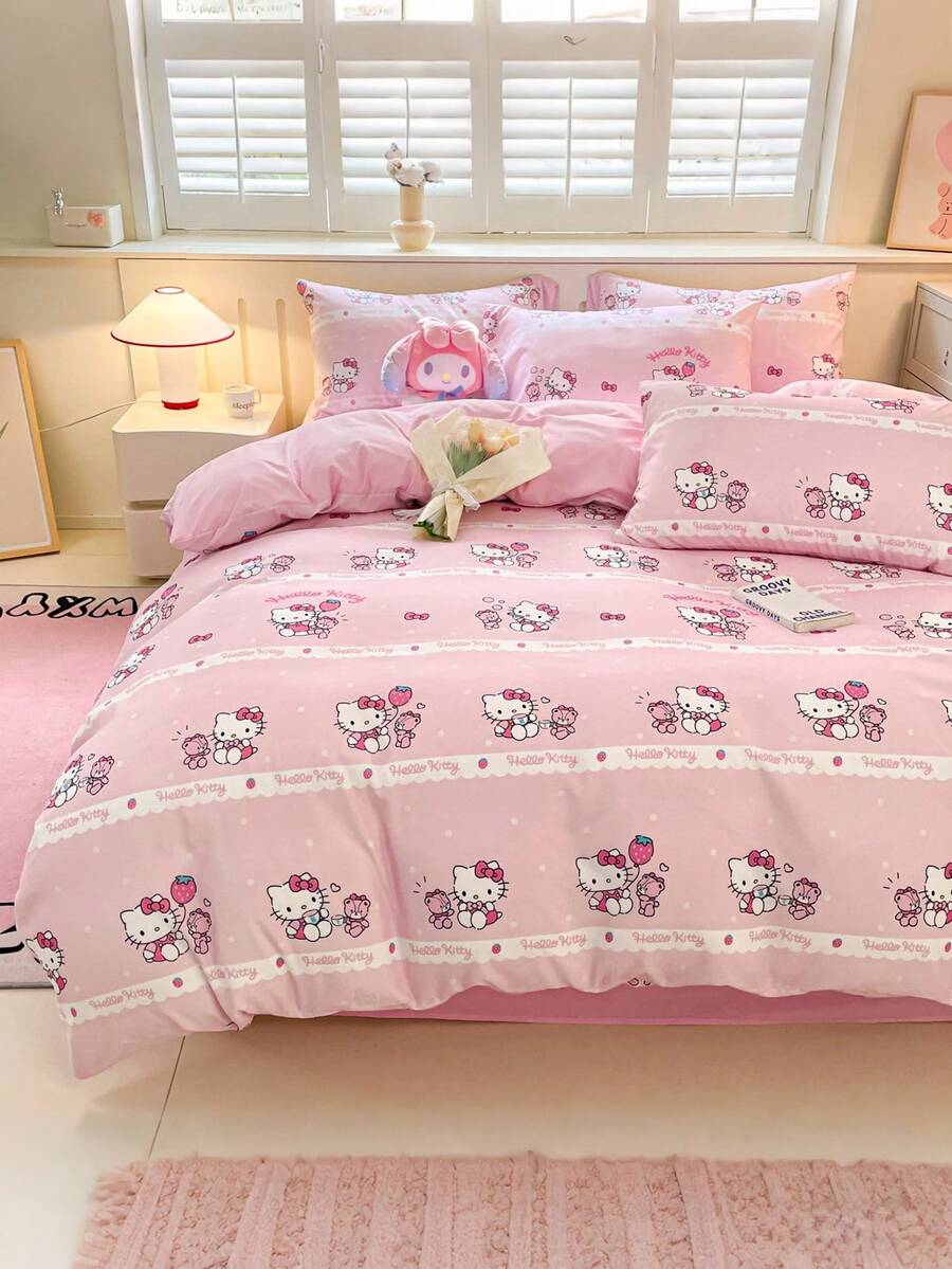 SANRIO 3件套可爱印花床上用品套装 - （1件被套+2件枕套，不含填充物），卡通全尺寸，柔软舒适，适合宿舍、家庭卧室、酒店，四季皆宜，带拉链封口和枕套，多种颜色可选，加大尺寸床上用品套装