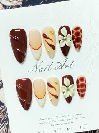 10-Piece Handmade Press-On Nail Art Set, Cute Nail Art, French Style, Y2K, False Nails, Almond-Shaped Nails, 3D Three-Dimensional Flower Decorations, Simple And Feminine, Suitable For Girls' Daily Nail Art And Date Nail Art, Includes Jelly Gel And Nail File.