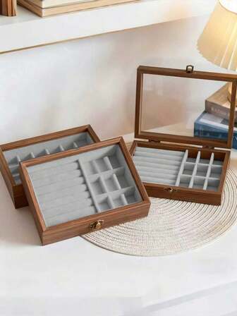 1 pieza Caja de almacenamiento de joyas estilo retro chino con tapa de vidrio, protección contra el polvo, para collares, pulseras, anillos, regalo ideal para novia/esposa, caja de exhibición de escritorio