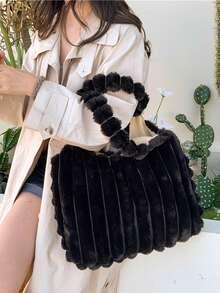 新款毛绒手提包，时尚大容量多功能单肩托特包，柔软可爱大容量单肩包，毛绒包 - 黑色 - 查看 4