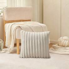1pc Beige Solid Color Rabbit Fur Plush Pillowcase, Square Cushion Cover, Holiday Home Decor Soft And Comfortable Anti-Fur Material, Modern Sofa Home Bedroom, Dormitory - Beige - View 8