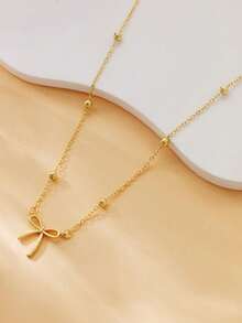 1pc Stainless Steel Jewelry Set – Gold Bowknot Pendant With Bead Chain, Simple Cute Fashion Necklace For Girls, Versatile High-End Minimalist Bow Pendant Piece - 金色 - 查看 4