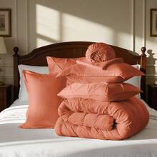 5/7pcs Modern Minimalist Bed Comforter Set, 100% Microfiber Soft Breathable Winter Bedding Set, Comfortable And Warm, Include 1 Comforter+1 Flat Sheet+1 Fitted Sheet+1/2 Pillowcases+1/2 Pillowshams,All-Season, Bed In A Bag,Wonderful Room Decor,Christmas Gift - Burnt Orange-BZ74 - 查看 7