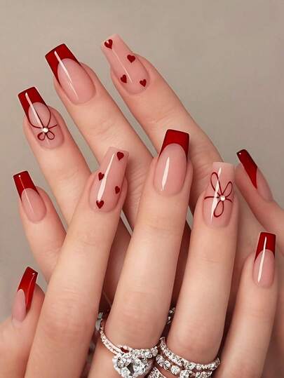 24 piezas Juego de uñas acrílicas francesas de forma cuadrada mediana para manicura, Uñas artificiales con forma de corazón rojo estilo Y2K, Adecuado para salones de uñas, adolescentes y mujeres para uso diario y decoración de fiestas, Juego de regalo