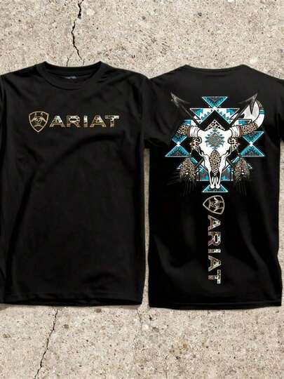 Camiseta con calavera  de Arriat: gráfico de calavera de toro y plumas del oeste con patrón azteca azul: camiseta unisex con un toque campestre y nativo americano.