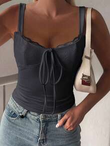 Vaiaye Women's Valentine's Day Sexy Lace Hollow Out Slim Fit Spaghetti Strap Knitted Vest, Suitable For Daily Wear, Travel And Vacation Beach Dressing - Dark Grey - View 11